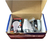 Energy and water saving starter kit showing LED light bulbs and water efficiency devices for home use
