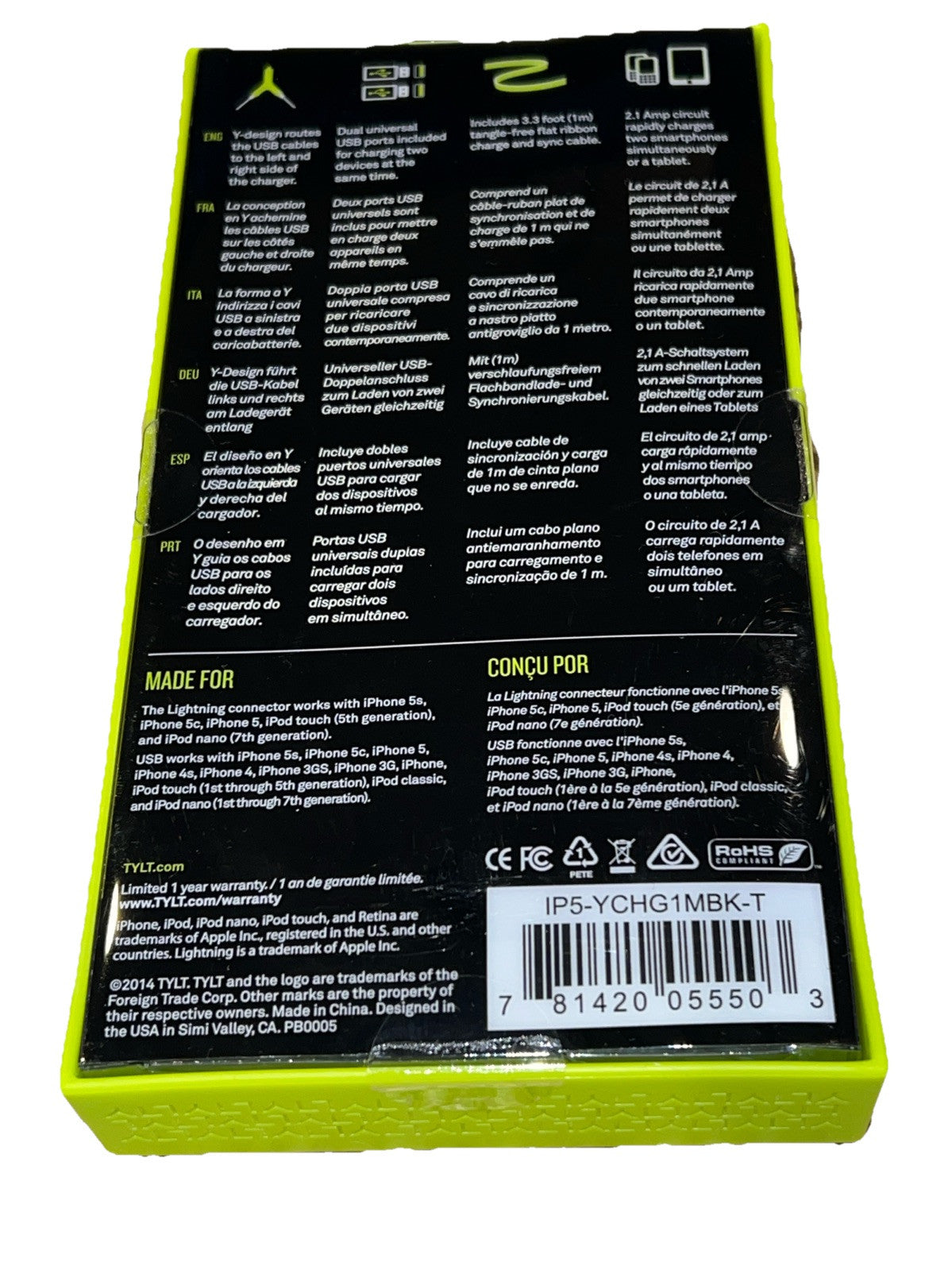 NEW Tylt Y-CHARGE 2.1 Dual 2-USB Car Charger Apple iPhone Cable