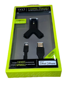 NEW Tylt Y-CHARGE 2.1 Dual 2-USB Car Charger Apple iPhone Cable