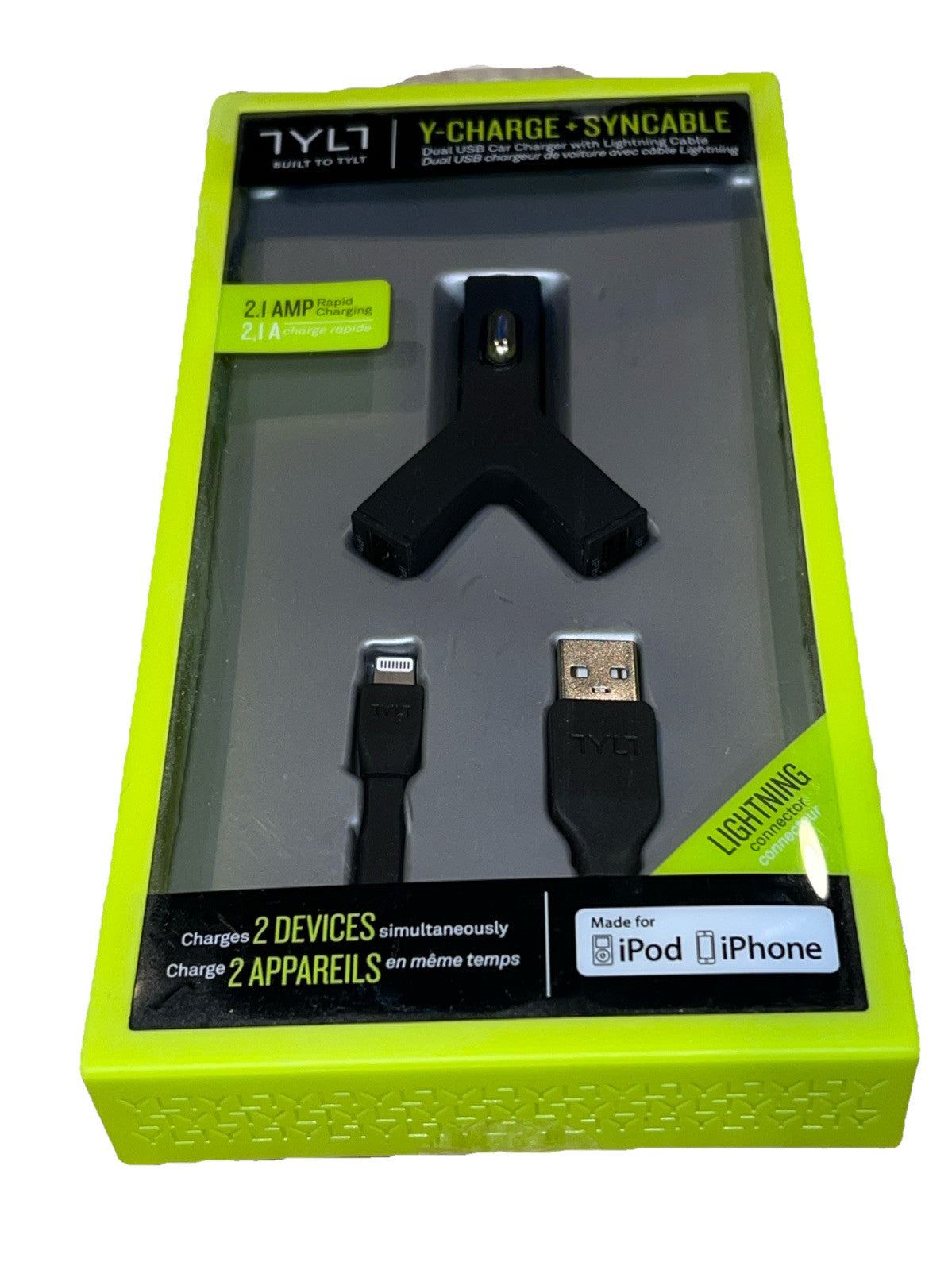 NEW Tylt Y-CHARGE 2.1 Dual 2-USB Car Charger Apple iPhone Cable