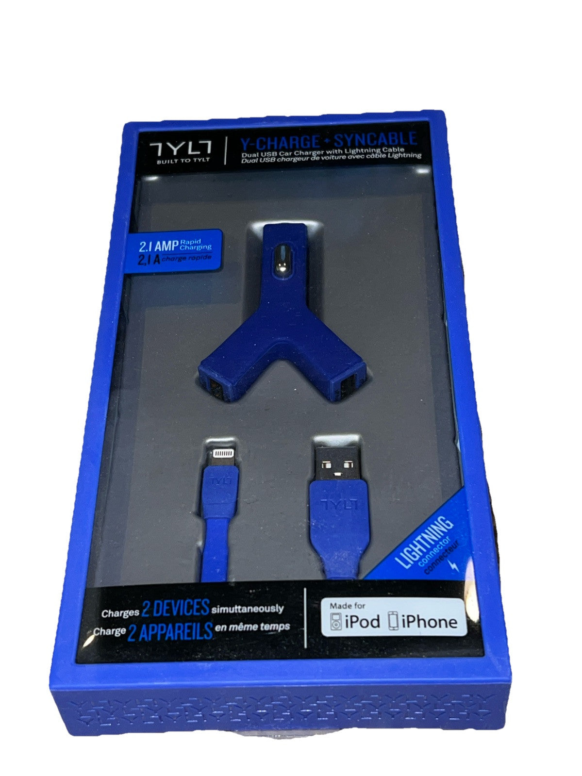 NEW Tylt Y-CHARGE 2.1 Dual 2-USB Car Charger Apple iPhone Cable